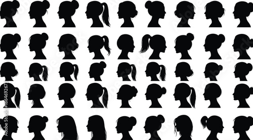 Female profile silhouette collection featuring diverse women hairstyles and side view head shapes, isolated on white background for beauty, fashion, avatar, and design projects