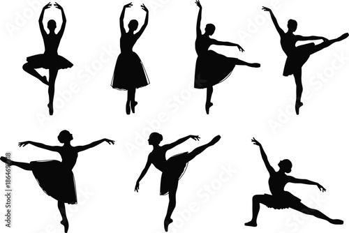 Ballet dancer silhouette illustration set featuring elegant female dance poses and graceful movements, isolated on white background for performing arts and design projects