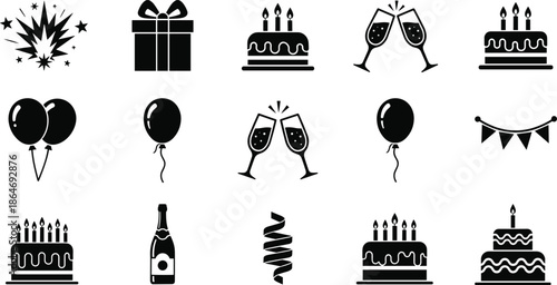 Birthday and party celebration icon silhouette set with cakes, gifts, balloons, champagne glasses, banners, and festive elements, isolated on white background for event design