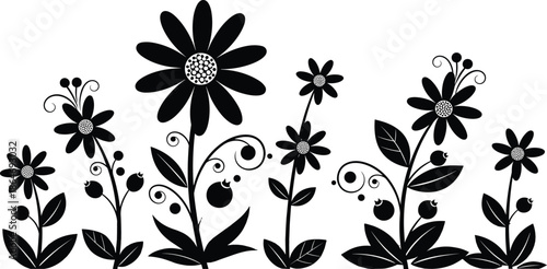 Black floral silhouette illustration set with decorative flowers, leaves, and botanical elements, isolated on white background for nature, design, and craft projects