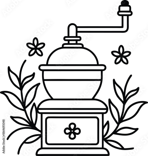 An elegant black and white illustration of a vintage coffee grinder surrounded by floral and leaf elements