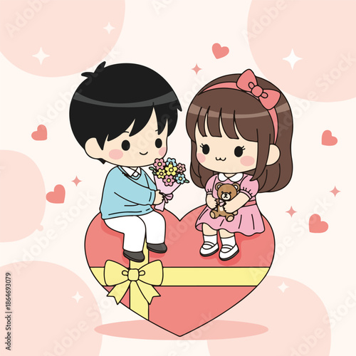 Cute cartoon lovers on heart shaped gift box Valentine s Day concept