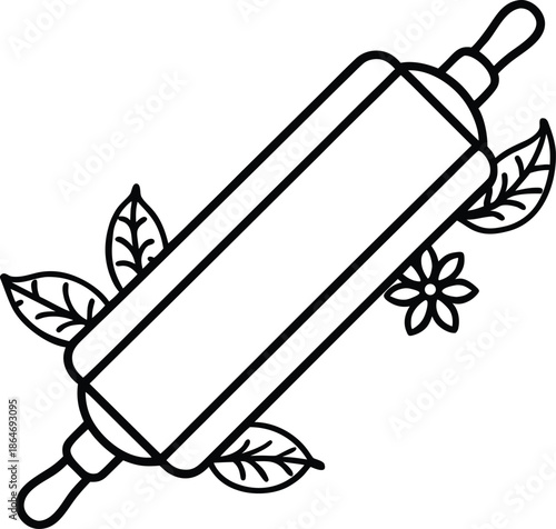 A simple black and white line drawing featuring a rolling pin adorned with delicate leaves and a flower