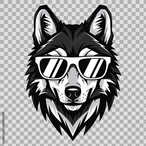 A black and white illustration of a wolf wearing sunglasses on a transparent background