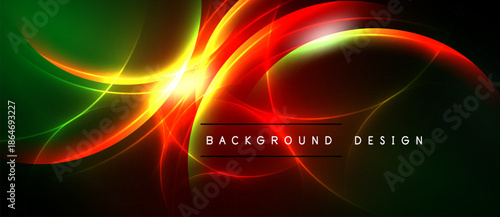 Vibrant abstract design features flowing lines, bright colors. Red, green, yellow hues create dynamic visual impact. Background text present.