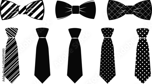 Bow tie and necktie silhouette illustration set with classic formal menswear accessories, isolated on white background for fashion, business, and design projects