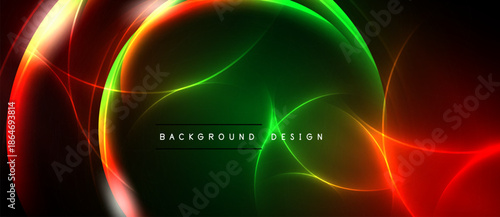 Abstract glowing design features vibrant red, green hues. Circular shapes overlap creating dynamic visual effect. Dark background enhances luminosity.