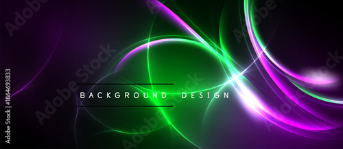 Abstract vibrant design. Purple, green glowing lines create dynamic composition. Dark background emphasizes bright curves, modern aesthetic.