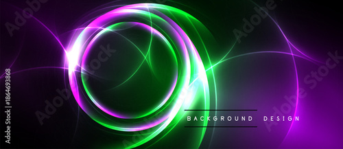 Abstract neon lights form circular patterns. Vibrant purple, green hues dominate dark background. Modern design element.
