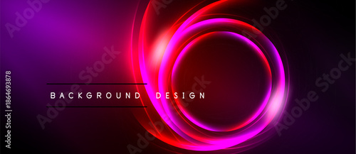 Vibrant neon circles over dark background. Purple, pink, red hues create dynamic visual effect. Modern design element.