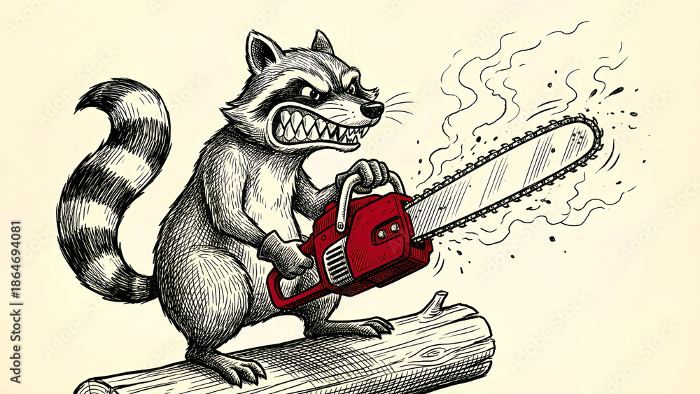 Fototapeta premium Ferocious cartoon raccoon with an aggressive expression gripping a bright red running chainsaw while standing atop a weathered log illustration.