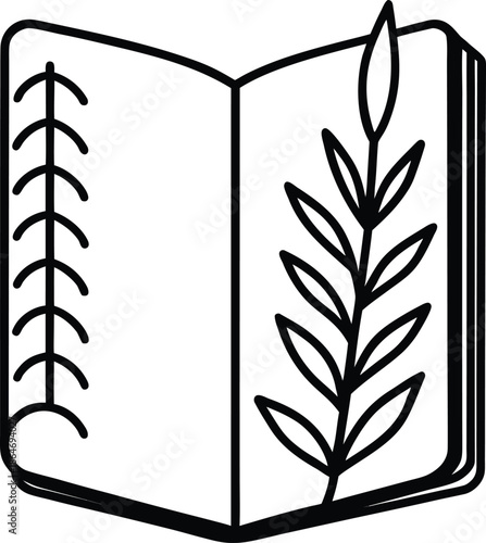 An open notebook with a single leaf pressed between its pages depicted in a minimalist black and white style