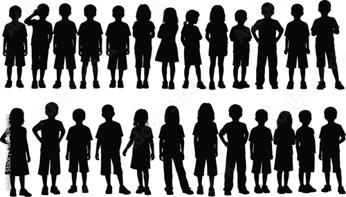 Children silhouette illustration collection featuring boys and girls standing in various poses, isolated on white background for education, family, and social design concepts