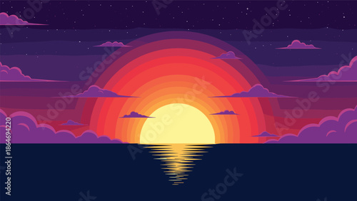 Colorful stylized ocean sunset illustration with glowing sun, starry twilight sky, purple clouds, calm sea reflection, and dreamy fantasy atmosphere