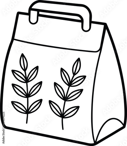 A simple black and white illustration of a paper bag decorated with leafy botanical elements is shown