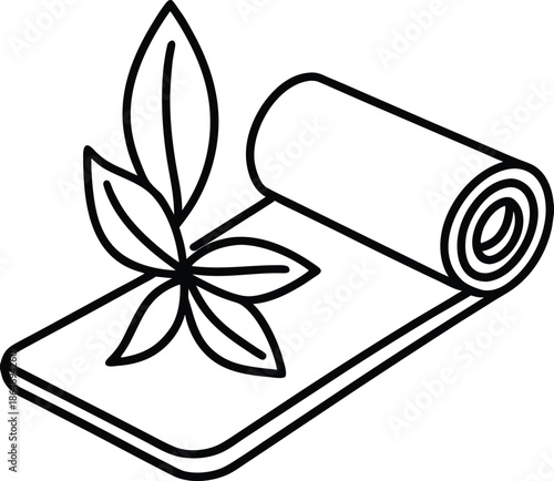 A simple black and white line drawing depicts a rolled yoga mat with a sprig of basil nearby