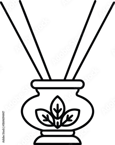 A simple linear illustration depicting an incense burner with three sticks and a floral design