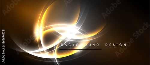 Abstract design features glowing curves, bright light, dark background. Elegant composition creates dynamic visual impact.