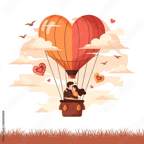 Romantic couple shares tender kiss in heart-shaped hot air balloon