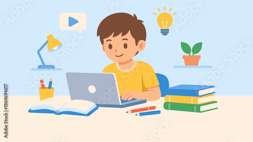 Happy Child Studying Online with Laptop