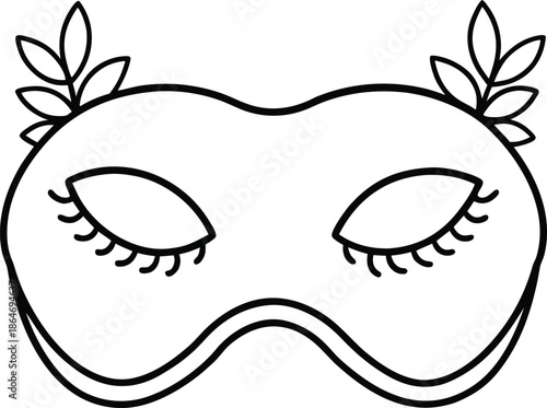 A delicate black and white line drawing of a masquerade mask with leafy details and long lashes