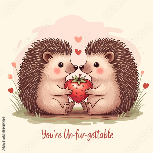 Cute hedgehogs sharing strawberry with hearts around them