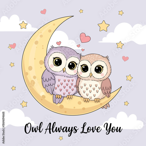 Cute owl couple sitting on moon with hearts and stars