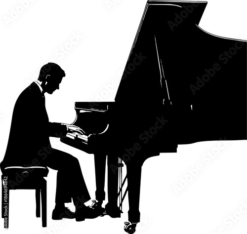 Silhouette of a man playing a classic grand piano on stage