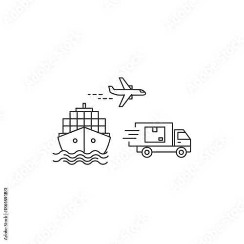 Minimalist Line Art of Transportation Icons Including Airplane Ship and Truck