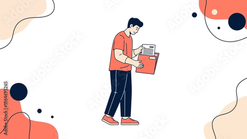 Young man holding a cardboard box filled with documents and files as he prepares to move or