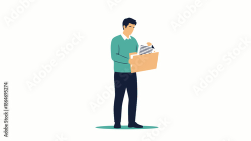 Young man holding a cardboard box filled with various documents and papers isolated on white