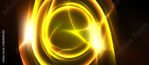 Bright golden energy swirls, radiating light. Abstract design evokes warmth, motion, dynamic visual impact. Intense glow dominates dark background.