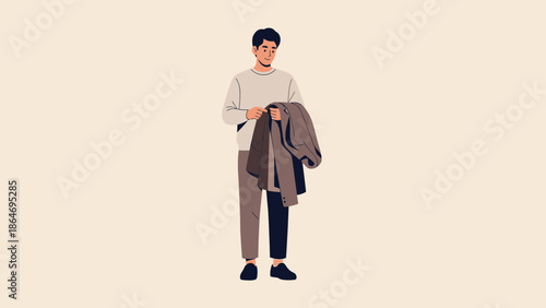 Young man holding a coat in a minimalistic digital illustration with neutral background