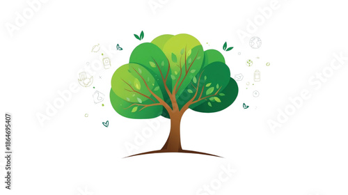 Green Tree with Diverse Symbolic Elements Representing Nature, Environment, and Community Growth