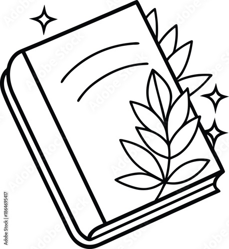 A simple black and white illustration depicts an open book with a leafy branch and sparkling stars