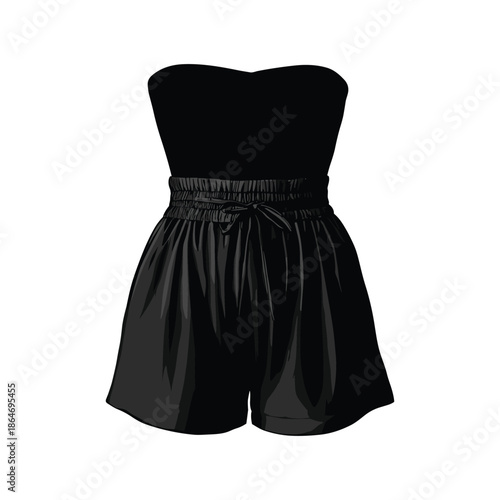 Black strapless romper with cinched waist