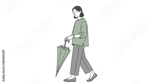 Stylish woman walking with umbrella dressed in casual outfit in minimalistic illustration
