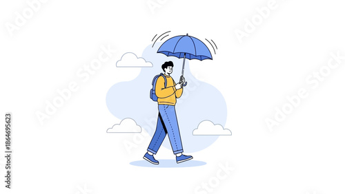 Young person walking outdoors in light rain with an umbrella and backpack