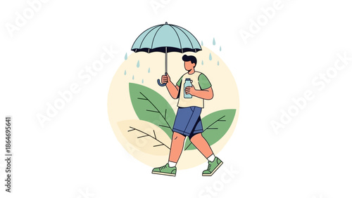 Young man walking in the rain holding an umbrella and a smartphone in a minimalistic illustration