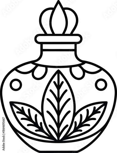 A detailed line art illustration of an ornate perfume bottle with a crown like stopper and floral design