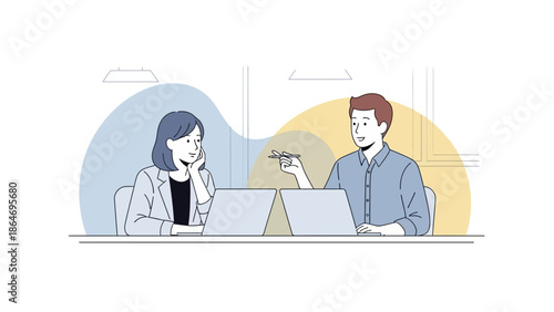 Professional Business Meeting Between Two Colleagues Discussing Project Strategies in a Modern