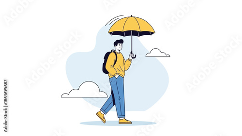 Illustration of a young man walking outdoors holding a yellow umbrella with a backpack in a