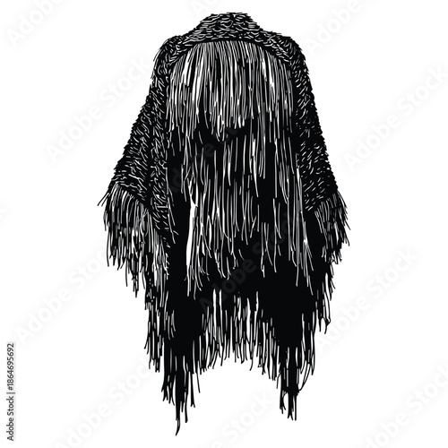 Long fringe poncho with hood black and white