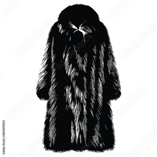 Black fur coat front view monochrome illustration