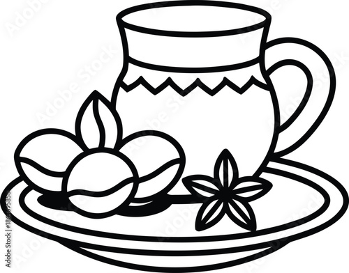 A simple black and white illustration depicts a teacup with coffee beans and floral elements on a saucer
