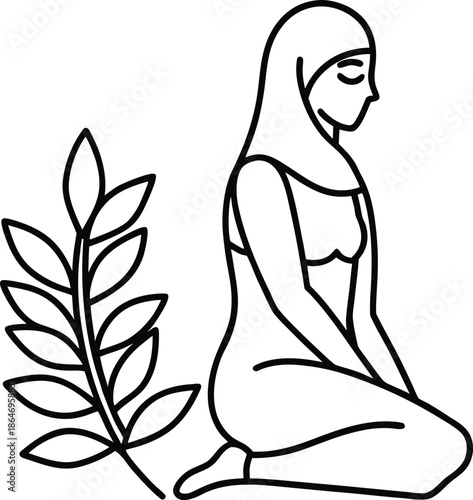 A serene black and white illustration depicts a woman in a hijab kneeling peacefully with foliage nearby