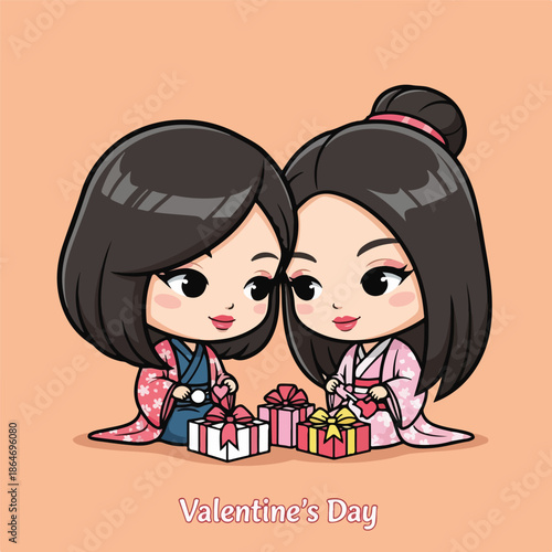 Cute Asian cartoon girls celebrating Valentine s Day with gifts