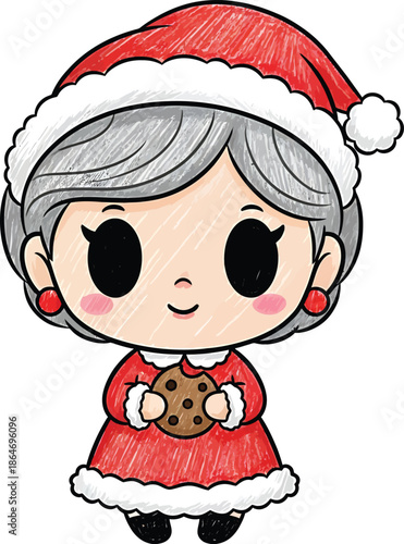 Cute illustration of Mrs. Claus holding a cookie, festive Christmas artwork