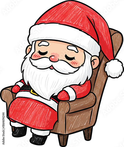 Cute cartoon illustration of Santa Claus sleeping in a chair, wearing traditional red suit and hat