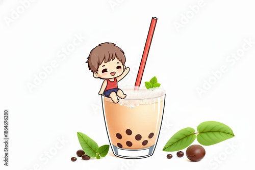 Cute Chibi Boy Mascot Sitting on a Glass of Refreshing Milk Bubble Tea with Boba Pearls, Happy Little Character Illustration Isolated on White for Beverage Cafe and Tea Shop Branding